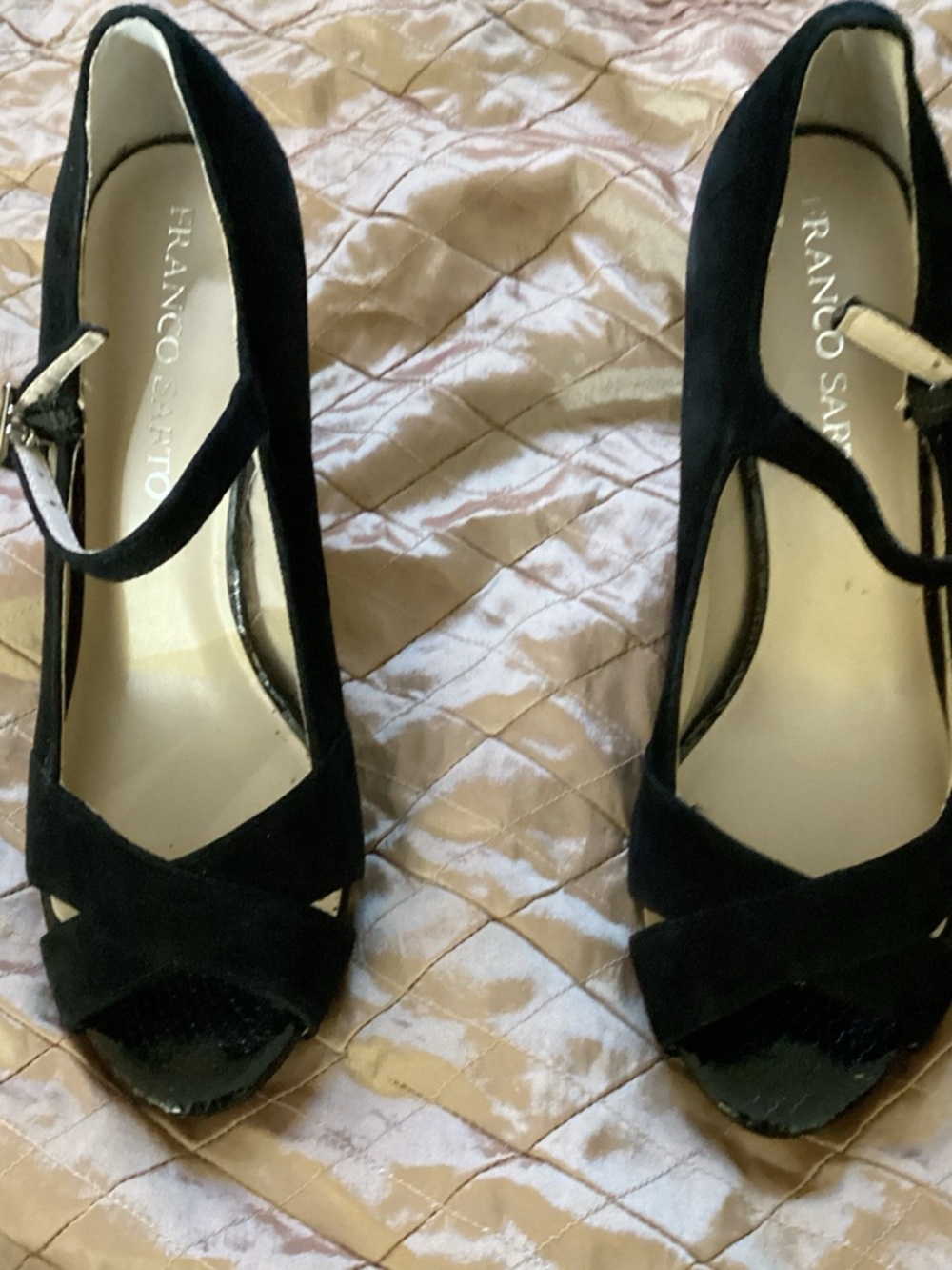 Franco Sarto Black Suede Mary Jane Peep Toe Heels with Ankle Strap